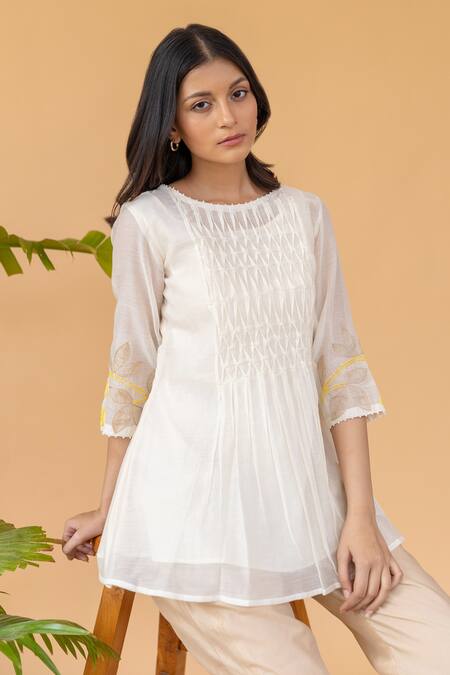 Buy_Khamaj India_White Chanderi Floral Round Smocked Tunic_Online_at_Aza_Fashions