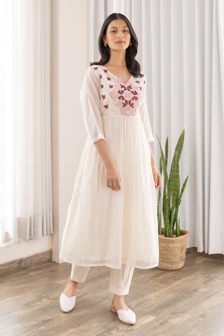 Shop Khamaj India White Cotton, Chanderi Floral V Neck Anarkali And Pant Set at Aza Fashions Shop_Khamaj India_White Cotton, Chanderi Floral V Neck Anarkali And Pant Set _at_Aza_Fashions