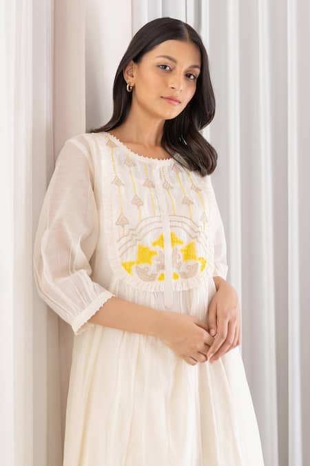 Buy Khamaj India White Cotton, Chanderi Floral Round Kurta And Pant Set Online at Aza Fashions Buy_Khamaj India_White Cotton, Chanderi Floral Round Kurta And Pant Set _Online_at_Aza_Fashions