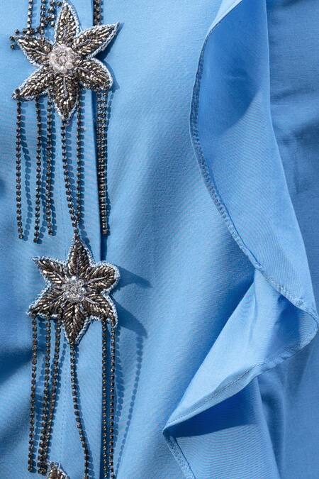 Mehak Murpana_Blue Cotton Embellished Floral Shirt Collar Ruffle _Online_at_Aza_Fashions