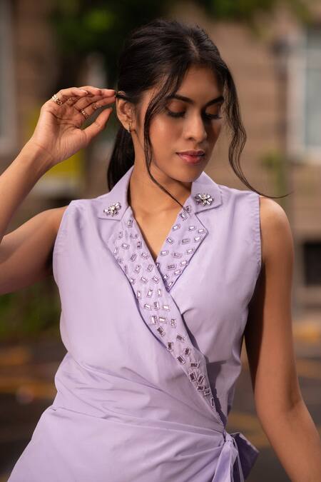 Mehak Murpana_Purple Cotton Geometric Lapel Collar Wrap Dress_Online_at_Aza_Fashions