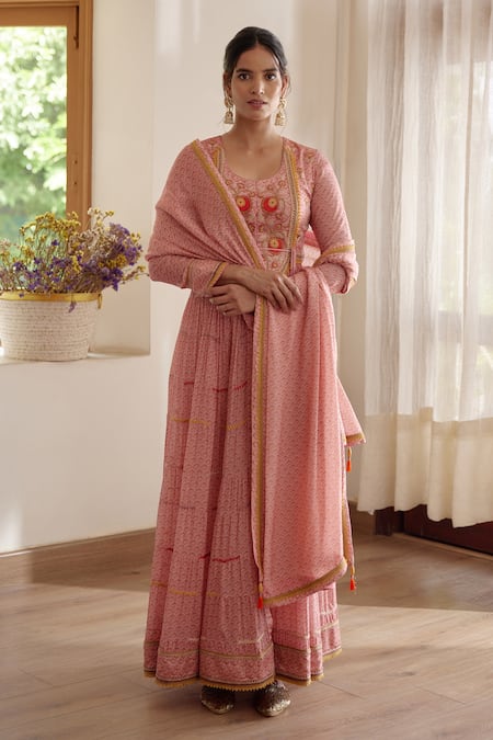 Shyam Narayan Prasad Pink Modal Satin, Flat Chiffon And Rayon Twill Geometric Print & Anarkali Set Online at Aza Fashions Shyam Narayan Prasad_Pink Modal Satin, Flat Chiffon And Rayon Twill Geometric Print & Anarkali Set _Online_at_Aza_Fashions