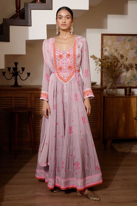 Shyam Narayan Prasad Floral Print Tiered Anarkali Set 