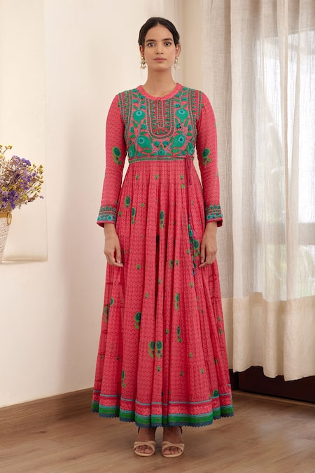 Shyam Narayan Prasad Pink Modal Satin, Flat Chiffon And Rayon Twill Chevron, Floral Tiered Anarkali Set Online at Aza Fashions Shyam Narayan Prasad_Pink Modal Satin, Flat Chiffon And Rayon Twill Chevron, Floral Tiered Anarkali Set _Online_at_Aza_Fashions