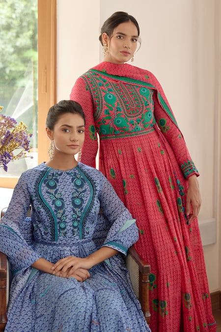 Buy Shyam Narayan Prasad Pink Modal Satin, Flat Chiffon And Rayon Twill Chevron, Floral Tiered Anarkali Set Online at Aza Fashions Buy_Shyam Narayan Prasad_Pink Modal Satin, Flat Chiffon And Rayon Twill Chevron, Floral Tiered Anarkali Set _Online_at_Aza_Fashions