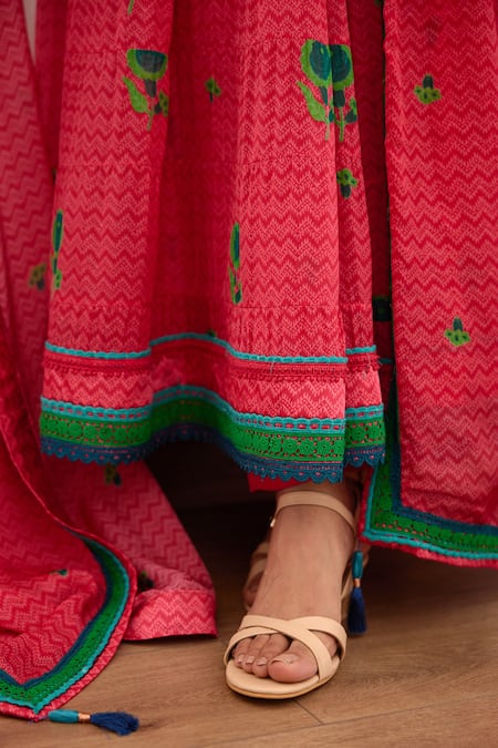 Shyam Narayan Prasad Pink Modal Satin, Flat Chiffon And Rayon Twill Chevron, Floral Tiered Anarkali Set at Aza Fashions Shyam Narayan Prasad_Pink Modal Satin, Flat Chiffon And Rayon Twill Chevron, Floral Tiered Anarkali Set _at_Aza_Fashions