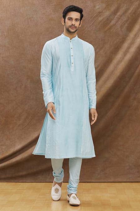 Darshika Menswear Blue Cotton Silk Plain Pintuck Kurta Set 