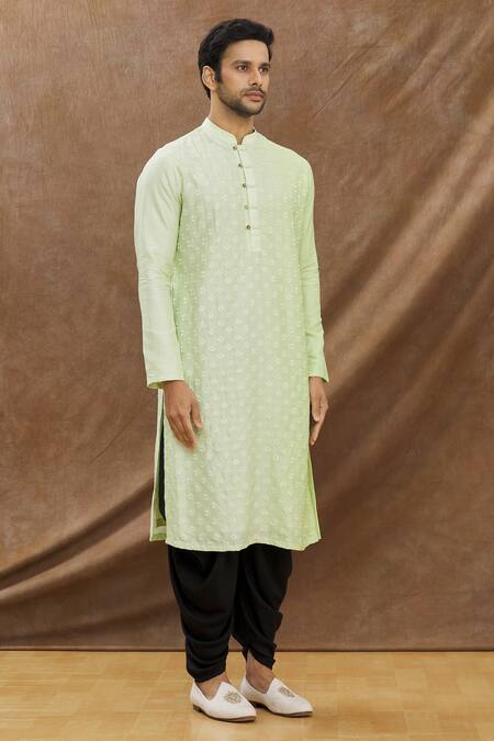 Darshika Menswear_Green , Blend Floral Embroidered Motifs Kurta Set_Online_at_Aza_Fashions