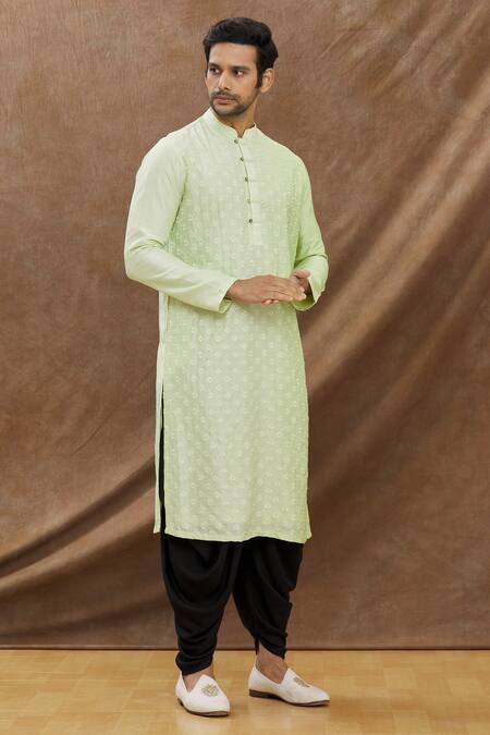 Buy_Darshika Menswear_Green , Blend Floral Embroidered Motifs Kurta Set_Online_at_Aza_Fashions