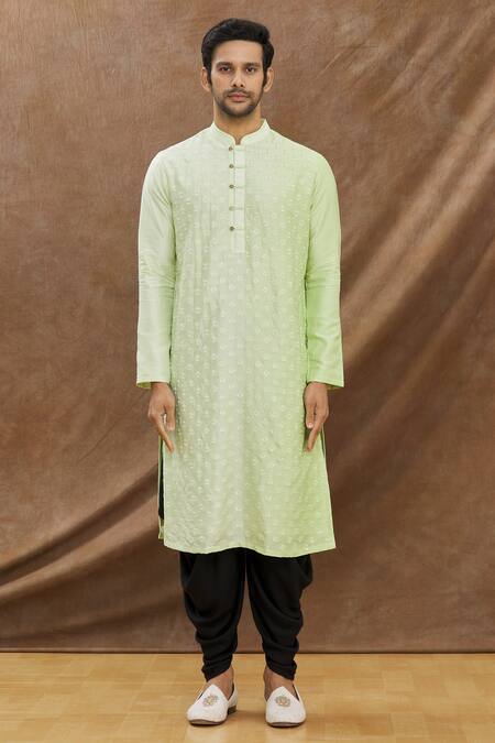 Shop_Darshika Menswear_Green , Blend Floral Embroidered Motifs Kurta Set_Online_at_Aza_Fashions