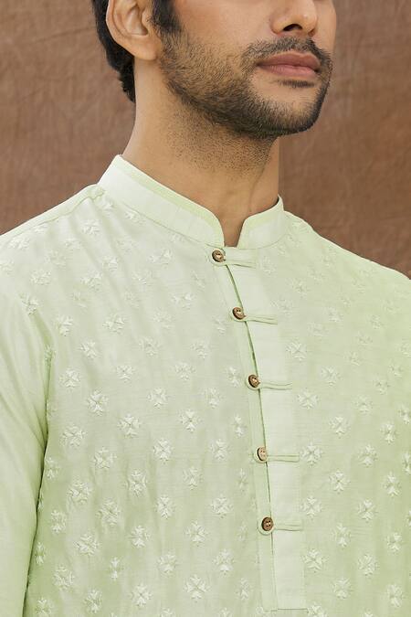 Darshika Menswear_Green , Blend Floral Embroidered Motifs Kurta Set_at_Aza_Fashions