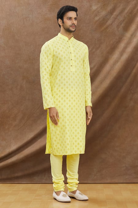 Darshika Menswear_Yellow Cotton Silk Hand Printed Kurta Set_Online_at_Aza_Fashions