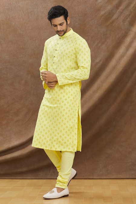 Buy_Darshika Menswear_Yellow Cotton Silk Hand Printed Kurta Set_Online_at_Aza_Fashions