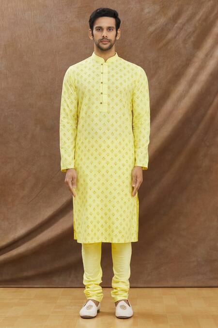 Shop_Darshika Menswear_Yellow Cotton Silk Hand Printed Kurta Set_Online_at_Aza_Fashions