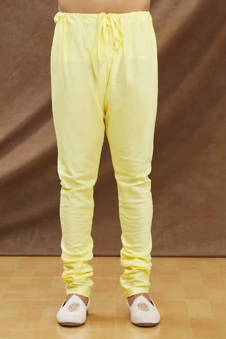 Darshika Menswear_Yellow Cotton Silk Hand Printed Kurta Set_at_Aza_Fashions