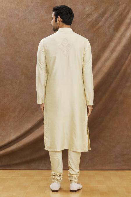 Shop_Darshika Menswear_Beige Cotton , Chanderi Thread Work Embroidered Kurta Set _at_Aza_Fashions