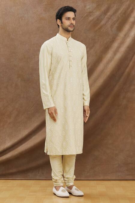 Darshika Menswear_Beige Cotton , Chanderi Thread Work Embroidered Kurta Set _Online_at_Aza_Fashions