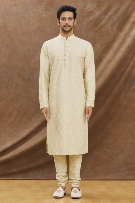 Buy_Darshika Menswear_Beige Cotton , Chanderi Thread Work Embroidered Kurta Set _Online_at_Aza_Fashions
