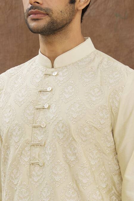 Shop_Darshika Menswear_Beige Cotton , Chanderi Thread Work Embroidered Kurta Set _Online_at_Aza_Fashions