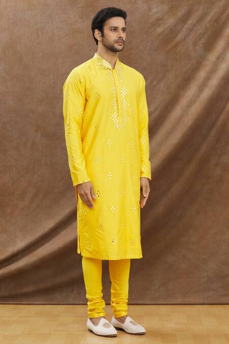 Darshika Menswear_Yellow Cotton Silk Mirror Work Embroidered Kurta Set _Online_at_Aza_Fashions