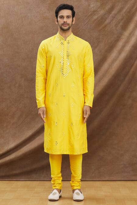 Buy_Darshika Menswear_Yellow Cotton Silk Mirror Work Embroidered Kurta Set _Online_at_Aza_Fashions