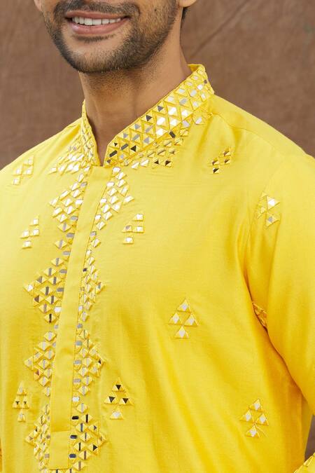 Shop_Darshika Menswear_Yellow Cotton Silk Mirror Work Embroidered Kurta Set _Online_at_Aza_Fashions