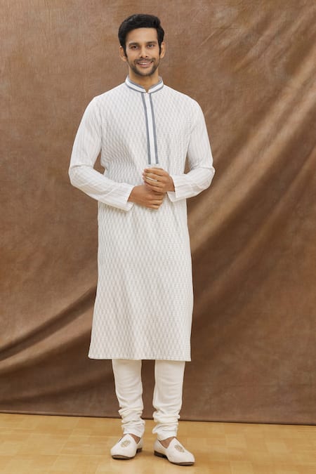 Darshika Menswear Off White Cotton Silk Plain Pintuck Kurta Set 