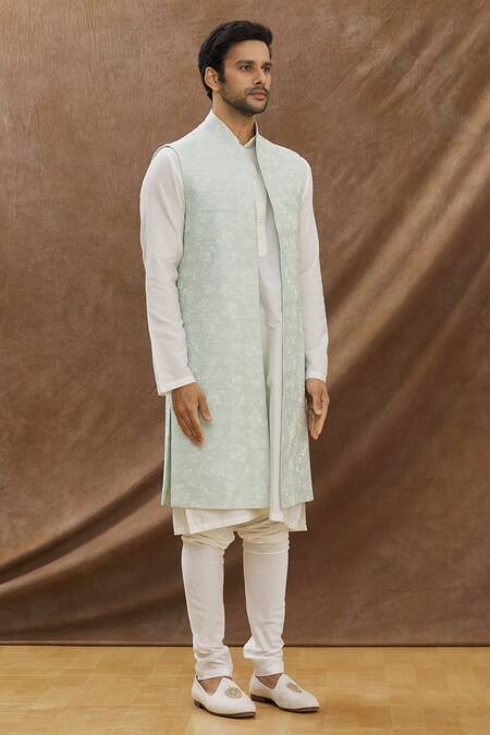 Darshika Menswear_Blue , Cotton Floral Embroidery Bundi And Kurta Set_Online_at_Aza_Fashions