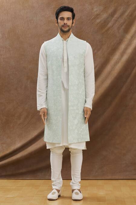 Buy_Darshika Menswear_Blue , Cotton Floral Embroidery Bundi And Kurta Set_Online_at_Aza_Fashions