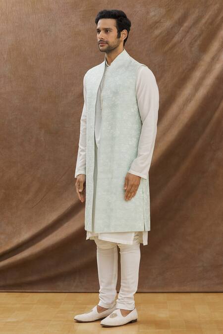 Shop_Darshika Menswear_Blue , Cotton Floral Embroidery Bundi And Kurta Set_Online_at_Aza_Fashions