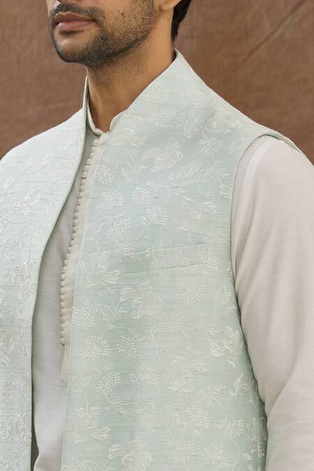 Darshika Menswear_Blue , Cotton Floral Embroidery Bundi And Kurta Set_at_Aza_Fashions