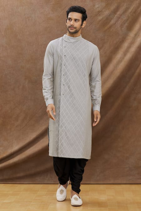 Darshika Menswear Grey Cotton Silk Plain Pintuck Kurta Set 