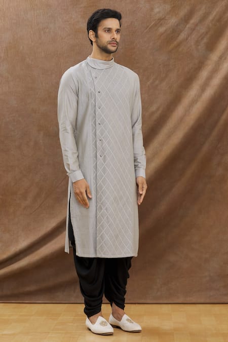 Darshika Menswear_Grey Cotton Silk Pintuck Kurta Set _Online_at_Aza_Fashions