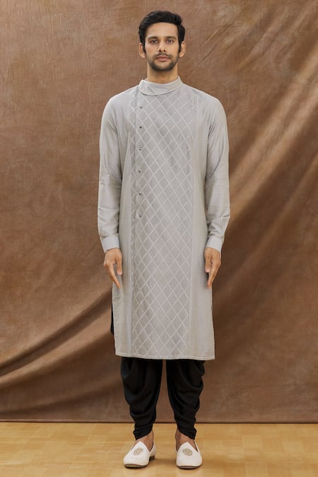 Buy_Darshika Menswear_Grey Cotton Silk Pintuck Kurta Set _Online_at_Aza_Fashions