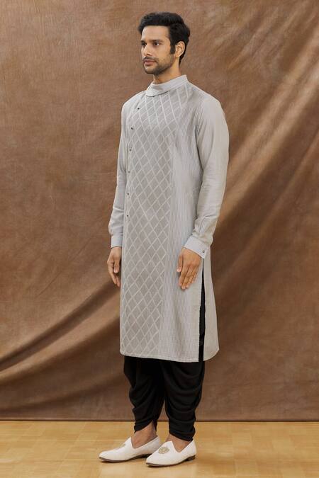 Shop_Darshika Menswear_Grey Cotton Silk Pintuck Kurta Set _Online_at_Aza_Fashions