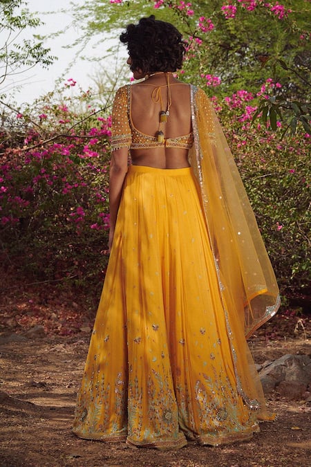 Shop_Irrau By Samir Mantri_Yellow Net, Georgette Sequins, Beads V Neck Hand Embroidered Bridal Lehenga Set _at_Aza_Fashions