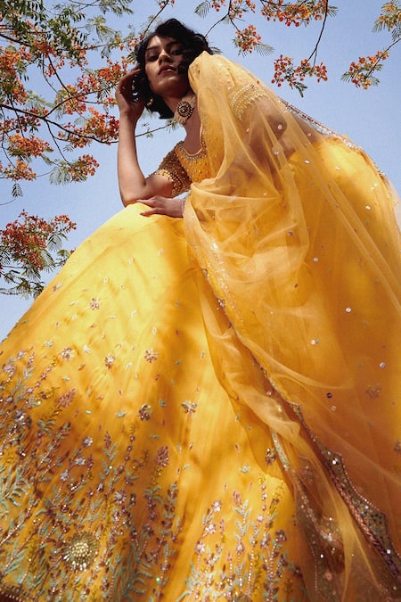 Irrau By Samir Mantri_Yellow Net, Georgette Sequins, Beads V Neck Hand Embroidered Bridal Lehenga Set _Online_at_Aza_Fashions