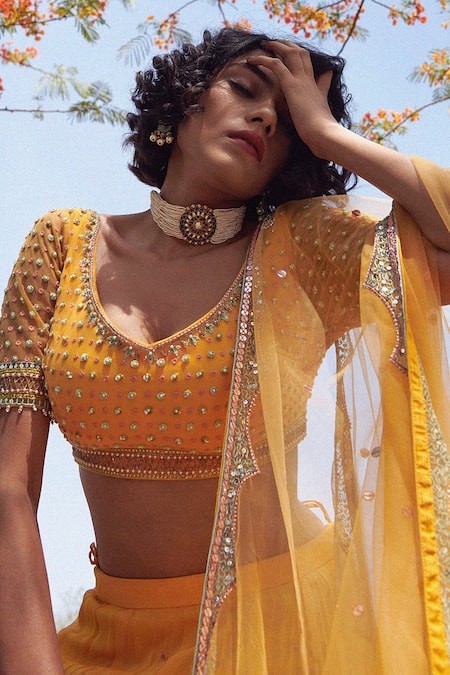 Buy_Irrau By Samir Mantri_Yellow Net, Georgette Sequins, Beads V Neck Hand Embroidered Bridal Lehenga Set _Online_at_Aza_Fashions
