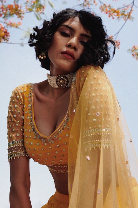 Shop_Irrau By Samir Mantri_Yellow Net, Georgette Sequins, Beads V Neck Hand Embroidered Bridal Lehenga Set _Online_at_Aza_Fashions
