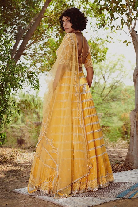 Irrau By Samir Mantri_Yellow Net, Georgette Thread Work, Beads V Neck Stripe Embroidered Lehenga Set_Online_at_Aza_Fashions