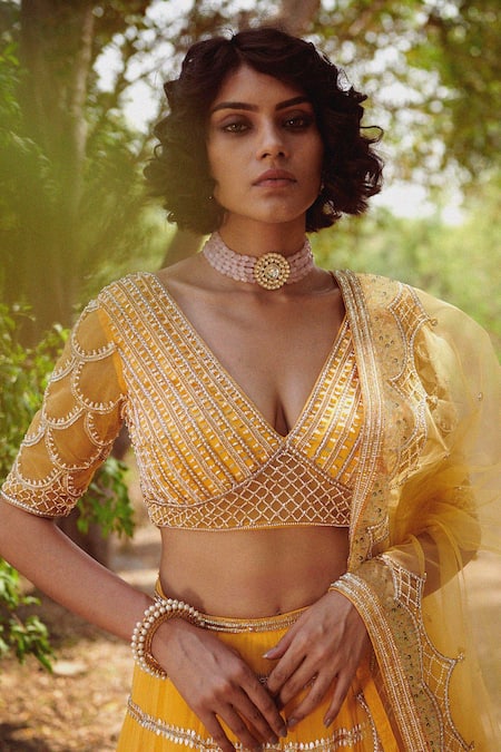 Buy_Irrau By Samir Mantri_Yellow Net, Georgette Thread Work, Beads V Neck Stripe Embroidered Lehenga Set_Online_at_Aza_Fashions