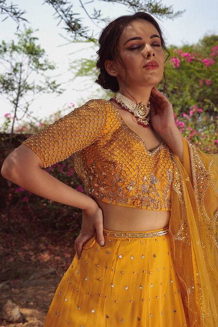 Irrau By Samir Mantri_Pink Net, Georgette Glass Beads, Pearls, Hand Embroidered Bridal Lehenga Set _Online_at_Aza_Fashions