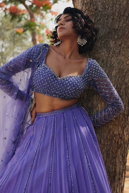 Shop_Irrau By Samir Mantri_Purple Net, Georgette Sequins, Thread Work Embroidered Bridal Lehenga Set_Online_at_Aza_Fashions