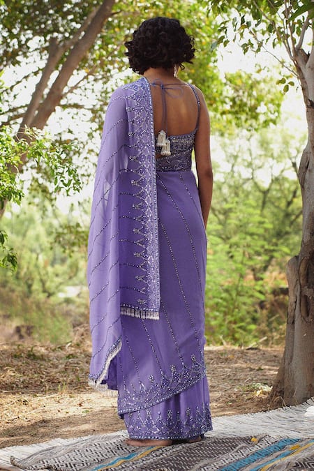 Shop Irrau By Samir Mantri Purple Net, Georgette Sequins, Beads Geometric Embroidered Saree With Blouse at Aza Fashions Shop_Irrau By Samir Mantri_Purple Net, Georgette Sequins, Beads Geometric Embroidered Saree With Blouse_at_Aza_Fashions