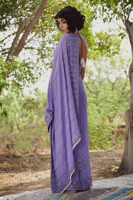 Irrau By Samir Mantri Purple Net, Georgette Sequins, Beads Geometric Embroidered Saree With Blouse Online at Aza Fashions Irrau By Samir Mantri_Purple Net, Georgette Sequins, Beads Geometric Embroidered Saree With Blouse_Online_at_Aza_Fashions
