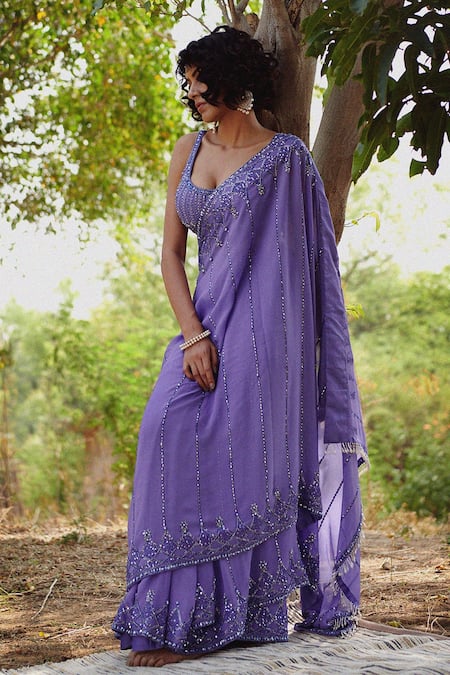 Buy Irrau By Samir Mantri Purple Net, Georgette Sequins, Beads Geometric Embroidered Saree With Blouse Online at Aza Fashions Buy_Irrau By Samir Mantri_Purple Net, Georgette Sequins, Beads Geometric Embroidered Saree With Blouse_Online_at_Aza_Fashions