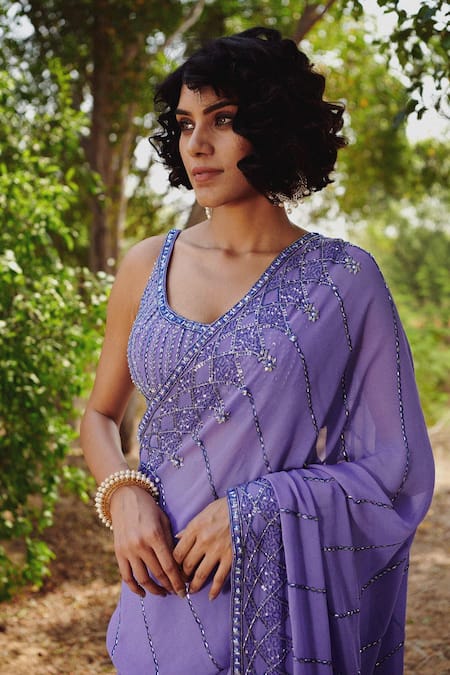 Shop Irrau By Samir Mantri Purple Net, Georgette Sequins, Beads Geometric Embroidered Saree With Blouse Online at Aza Fashions Shop_Irrau By Samir Mantri_Purple Net, Georgette Sequins, Beads Geometric Embroidered Saree With Blouse_Online_at_Aza_Fashions