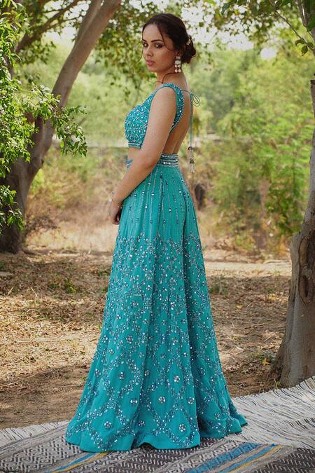 Irrau By Samir Mantri_Blue Net, Georgette Bead , Mirror Sweetheart Embroidered Gharara Set_Online_at_Aza_Fashions