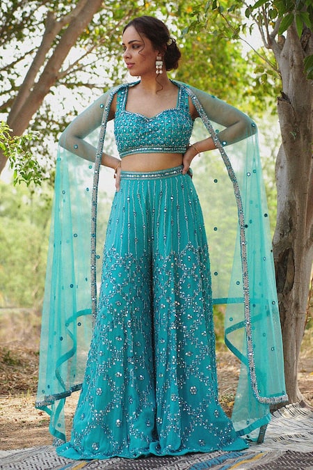 Buy_Irrau By Samir Mantri_Blue Net, Georgette Bead , Mirror Sweetheart Embroidered Gharara Set_Online_at_Aza_Fashions