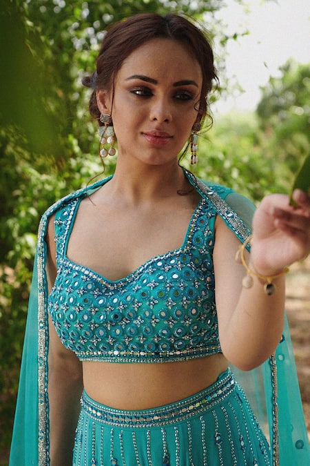 Shop_Irrau By Samir Mantri_Blue Net, Georgette Bead , Mirror Sweetheart Embroidered Gharara Set_Online_at_Aza_Fashions